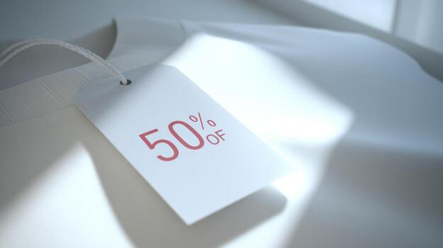 Clean white garment with price tag showing 50 discount in bright sunlight photo