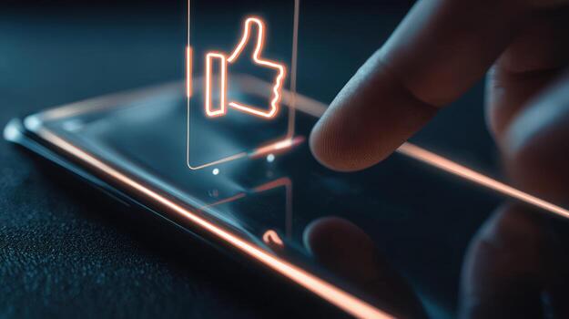 Thumb up icon appearing over a mobile phone screen illuminated display photo