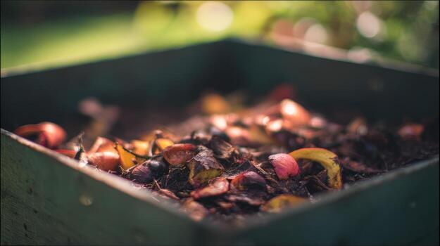 Close up of compost bin filled with organic matter in outdoor setting photo