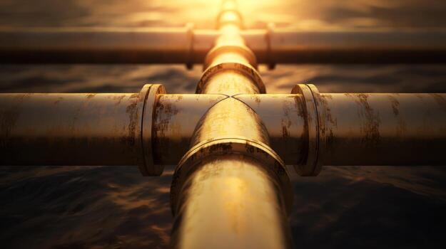 Metallic pipes illuminated by golden sunlight across water surface photo
