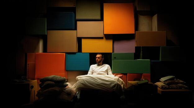 Man seated amongst colorful rectangular shapes under dramatic lighting photo