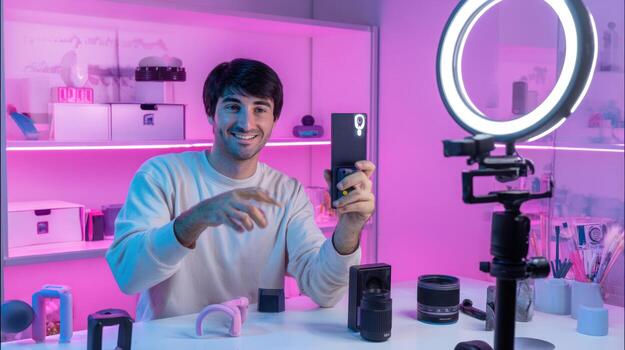 Man filming with ring light and smartphone setup indoors for content photo