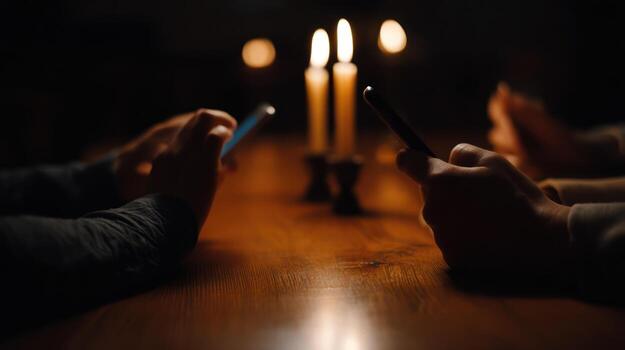 People using smartphones illuminated by candlelight at a table concept photo