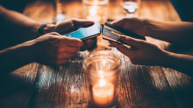 People using a mobile phone and a card at a wooden table with candle photo