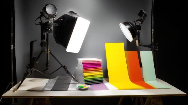 Professional studio setup with vibrant colored paper and bright lighting photo