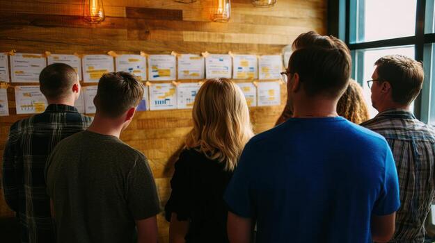 Group of people analyzing charts and data on a wall photo