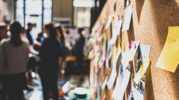 Blurred view of an office bulletin board with posted notes and people photo
