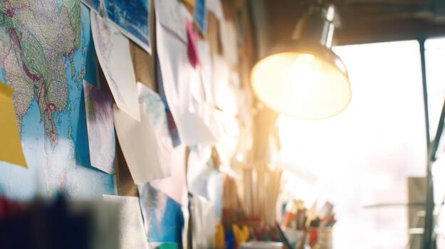 Close up of a wooden board with maps and papers illuminated by a lamp photo