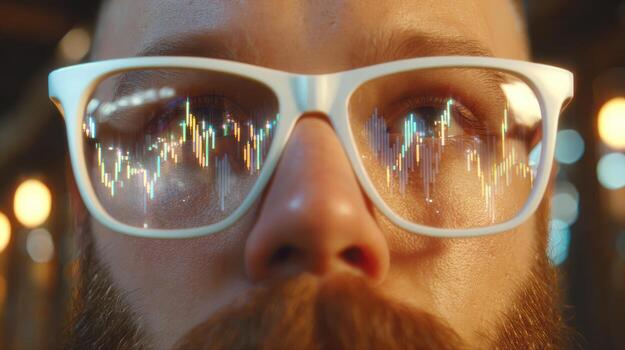 Close up of a person wearing glasses with financial market data reflection photo