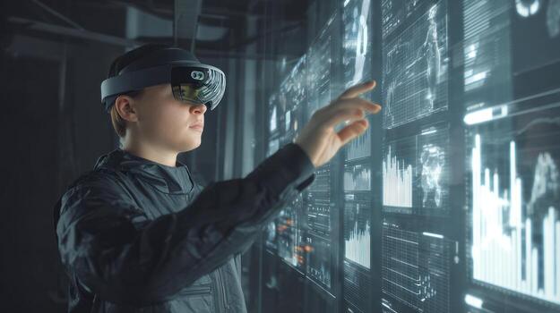 Man using augmented reality interface exploring data in futuristic environment photo