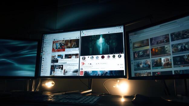 Multiple computer monitors displaying websites in a dark room environment photo
