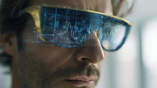 Man wearing futuristic augmented reality glasses displaying data charts photo