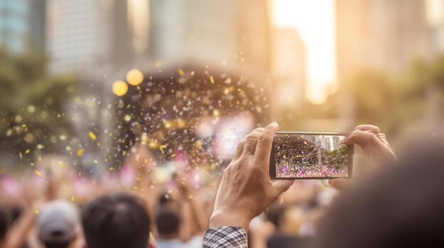 Person taking photo of event with smartphone at sunset outdoors