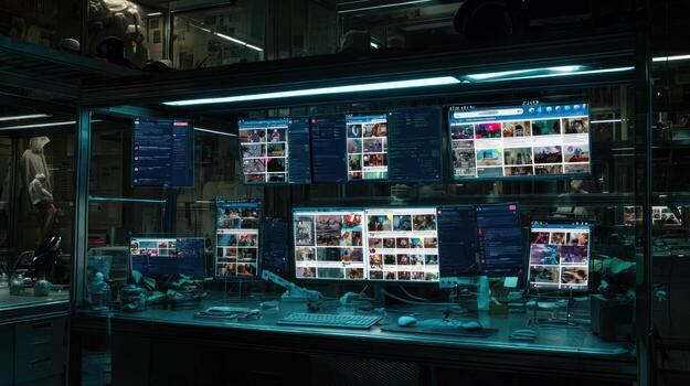 Multiple computer screens displaying data in a dark room environment photo