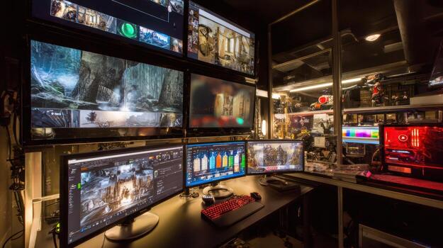 Modern media editing workspace featuring multiple computer displays photo