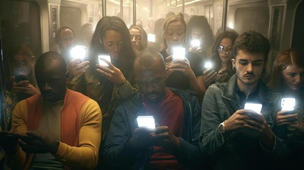 People using smartphones in a crowded interior environment photo
