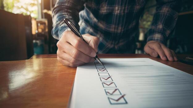 Person completing a checklist with pen on wooden desk indoors photo