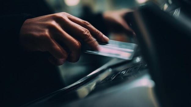 Person using payment card at transaction terminal with soft focus and low light photo
