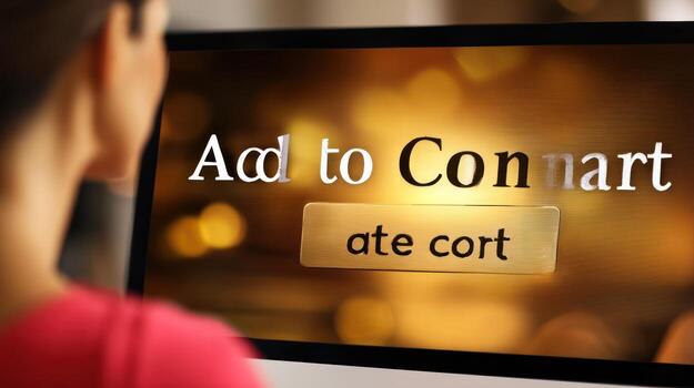 Woman looking at computer screen displaying text and button photo