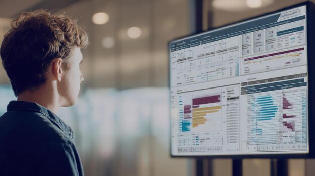 Young professional analyzing data on computer monitor for business analysis photo