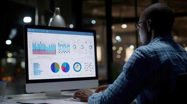 Man working on computer displaying data charts at desk late night photo