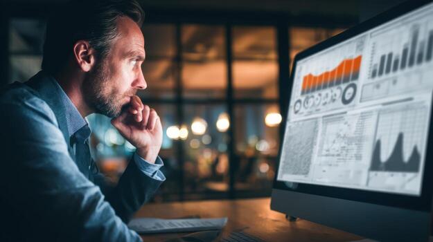Man analyzing data on computer screen in dim environment at night photo