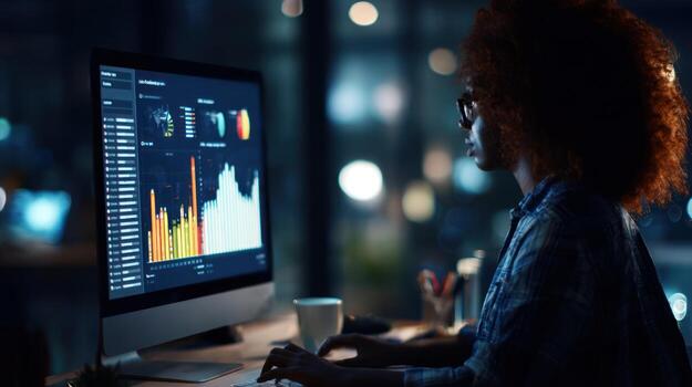 mujer análisis datos en computadora pantalla en oscuro oficina ambiente foto