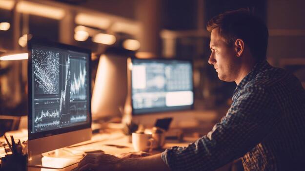 Man working on computer at desk in office with multiple monitors late night photo