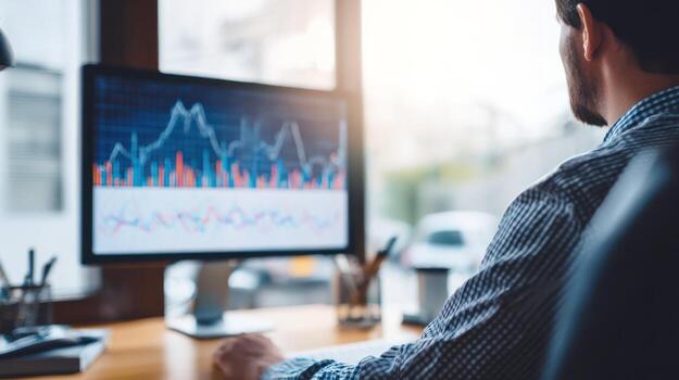 Businessman analyzing financial data on computer monitor in office photo