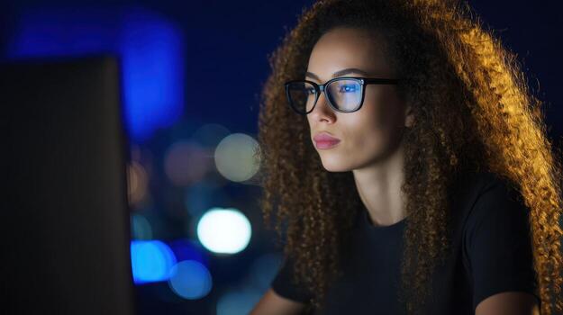 mujer utilizando computadora a noche con pantalla ligero y lentes foto