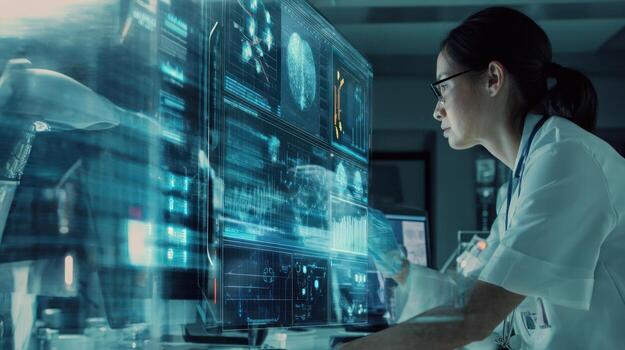 Medical professional examines futuristic technology interface in lab setting photo