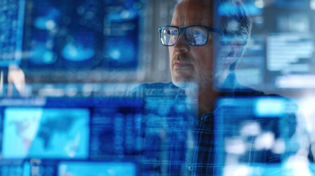 Man looks at multiple computer screens working on information analysis photo