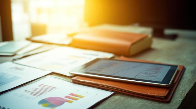 Tablet and documents on a desk with warm sunlight and blurred background photo