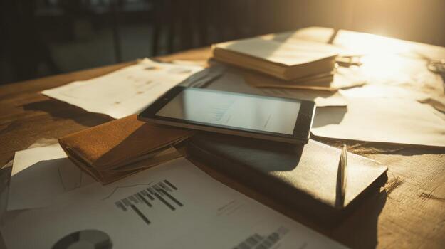 Tablet and documents on wooden table in warm overhead lighting photo