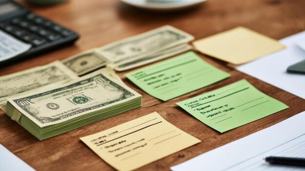Cash and notes on wooden desk with calculator and sticky notes photo