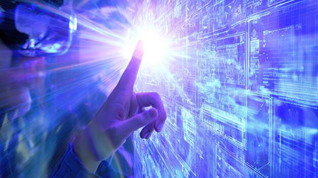 Person interacting with virtual reality interface technology concept photo