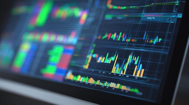 Stock market trading screen displaying financial data graphs and charts photo