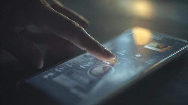 Close up of hand touching smartphone screen with abstract interface photo