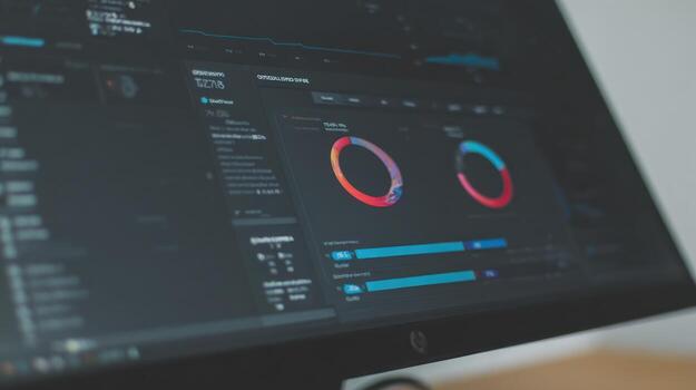 Data visualization on computer screen displaying charts and diagrams photo