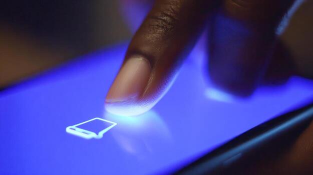 Close up of a finger pressing a touchscreen on a blue lit smartphone photo