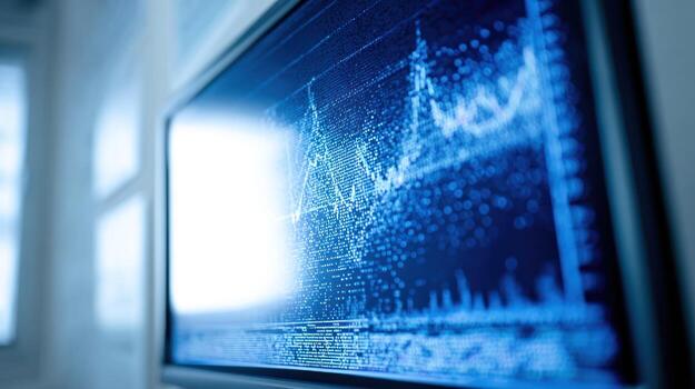 Close up of a blue screen displaying graphical data and analysis photo