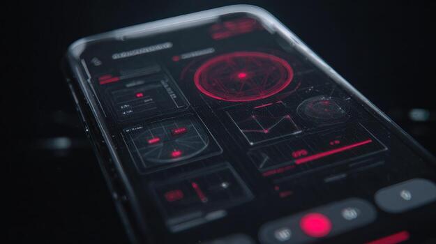 Smartphone screen displaying technological data graphics illuminated photo