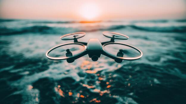 Drone hovering over ocean at sunset capturing aerial view of the waves photo