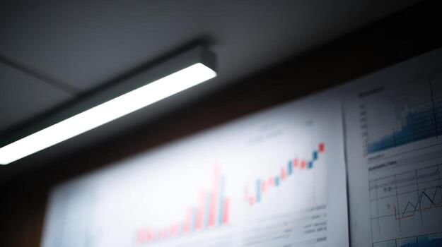 Financial charts and graphs displayed on a wall inside a modern office photo