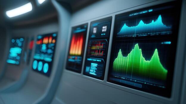 Futuristic control panel displaying data charts and graphs photo