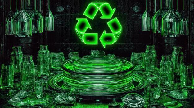 Neon recycling symbol in futuristic laboratory environment photo