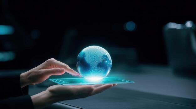 A person holding a tablet with a glowing globe on it photo