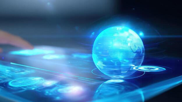 A person is touching a tablet with a blue globe on it photo