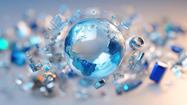 A globe surrounded by many electronic devices photo