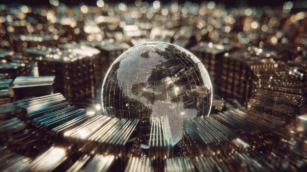 A globe in a city with skyscrapers photo